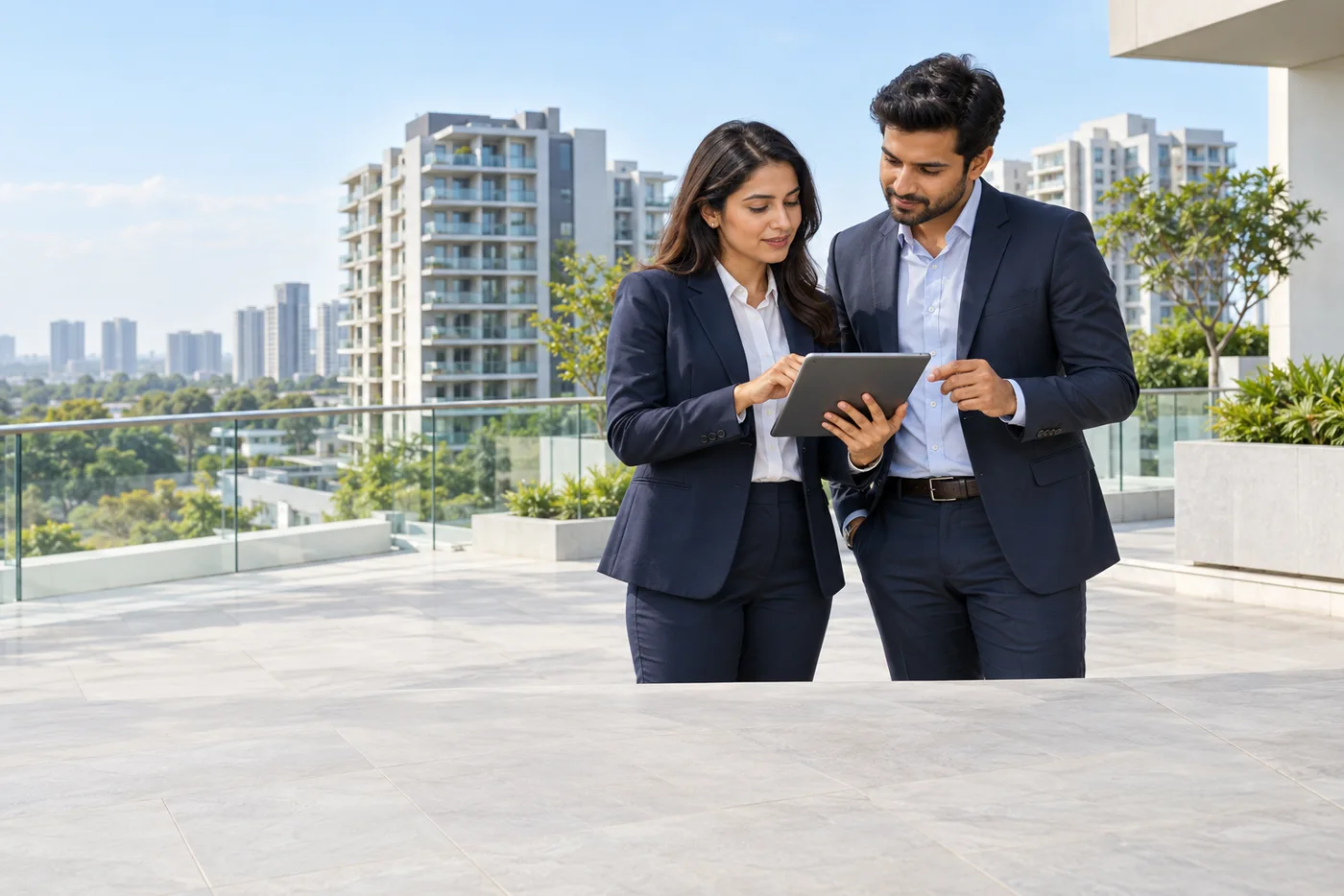 Illustration of property advisors planning together in a modern real estate office